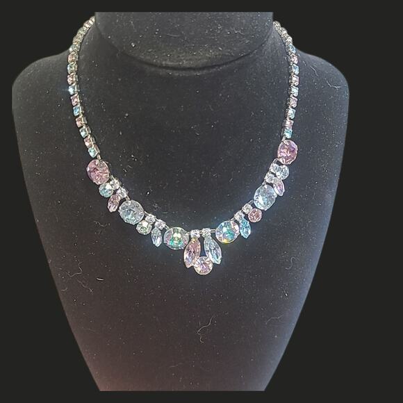 Vintage Weiss Signed Aurora Borealis Rhinestone Statement Necklace Blue Purple - Picture 6 of 10